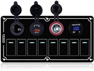 8 Gang Marine Switch Panel Waterproof, Boat Rocker Switch Panel with Dual USB Charger (PD,QC3.0) & Voltage Meter, Toggle Switch Panel for Automotive Modication, Off-Road Vehicles, Trucks, Boats