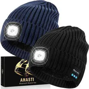2 Pack Bluetooth Beanie Hat with Light for Men, Rechargeable LED Beanie with Light, Headlamp Cap Wireless Headphones, Christmas Gifts for Teens Stocking Stuffers for Men DadBlack&Navy