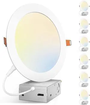 6 Pack 7 Inch 5CCT Ultra-Thin LED Canless Recessed Ceiling Light with Junction Box, 2700K/3000K/3500K/4000K/5000K Selectable, 15W=100W, 1300LM High Brightness, Dimmable Wafer Downlight-ETL&FCC