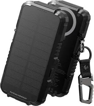 Solar Charger Power Bank 27,000mAh, 65W PD3.0 & QC3.0 Fast Charging Powerbank External Battery Pack Portable Wireless Chargers with Flashlight and Carabiner, Compatible with MagSafe & Qi