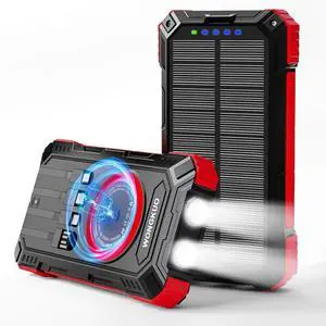 Solar Charger Power Bank - 49800mAh Solar Phone Charger with USB-C in/Output, QC 3.0 Fast Charging with LED Flashlight, Built-in 4 Cables, IP65 Waterproof ts for Outdoor (Brilliant Red)