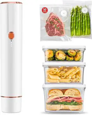 Vacuum Sealer, Vacuum Sealer for Food Compact Handheld Vac Seal Machine, Seal Meal Saver Portable Food Sealer (Vacuum Sealer Machine + 3 Food Storage Containers + 30 Reusable Bags)