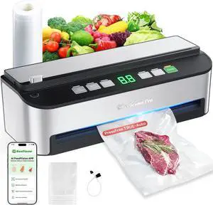 PressFree TRUE-Auto Vacuum Sealer Machine,  85KPA Fully Automatic 8-IN-1 Food Sealer with Bags Storage, Build-in Cutter, Moist Mode and Air Suction Hose |Sous Vide | Digital Countdown