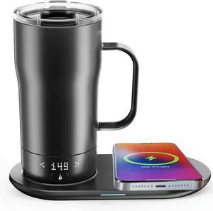 Smart Self Heating Coffee Mug 18 Oz Temperature Control Heated Coffee Mug App Controlled Warmer Mug 5-10 Hour LED Display Keep Coffee Hot All Day Fast Wireless Charger Base Dull Black