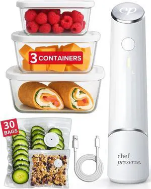 Compact Vacuum Sealer for Food (Vacuum Sealer Machine + 3 Glass Vacuum Containers + 30 Reusable Vacuum Bags) Powerful Handheld Vacuum Seal Machine, Seal Meal Saver, Portable Food Sealer