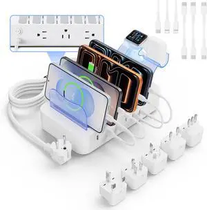 60W Charging Station for Multiple Devices, 6 Port European Travel Adapter with 3 AC Outlets, 3 USB C, 3USB A, 6ft tension Cord, 6 Mix Caes, 5 Travel Plug Converter for US to EU/UK/AU/IT
