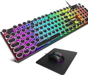 Typewriter Mechanical Gaming Keyboard and Mouse Combo, Rainbow RGB Backlit Wired Keyboards with ue Switches Round Keycaps Media Control Knob for PC Couter