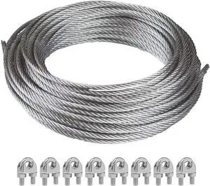 Shade Sail Hardware Kit with 156FT Cae Wire Rope for Rectangle Triangle Sunshade Installation, 3/16" Stainless Coated Caes for Garden String Light Hanging, Included 8 Pcs Clas