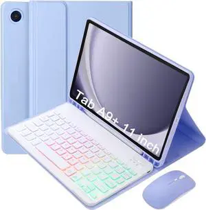 Keyboard Case for Galaxy Tab A9+/A9 Plus 11 Inch 2023 (SM-X210/X216/X218), Detachae Color Backlit uetooth Keyboard and Mouse, Slim Lightweight Stand Cover with Pen Holder (Purple)
