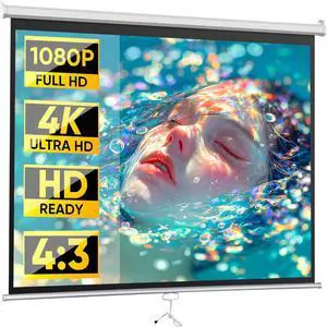 Portae Projector Screen Pull Down, 72 Inch 4:3 Video Projection Screen Home Theater, Retractae Projector Screen, Moive Screen Indoor Outdoor, Wall Mount (72'' 4:3 White)