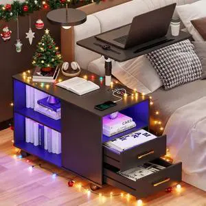 Gurl 360° LED Nightstand with Wireless Charging Station, Movae Adjustae Bedside Tae with Laptop Tray, Auto Sensor Night Stand for Bedroom (ack)