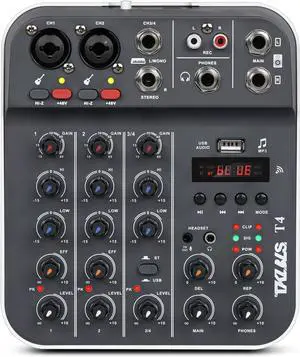 Professional Audio Mixer, TKLS 4-Channel Unpowered Mixing Console with USB/uetooth Playback, 48V Phantom Power, REC Output, 3 Player, Digital Delay Effects, for Streaming, Studio, Karaoke