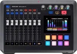 Mixcast 4 Podcast Streaming Mixer, Recorder, and USB Audio Interface  Four XLR/TRS Mic Inputs, Touch Screen and Editing Software Included