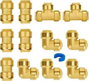 Push P Fittings 3/4 Inch, 5 Each Coupling and Elbow, Tee (2 PCS), No Lead Brass Push-to-Connect Plumbing Fittings for P Pipe, Copper, CPVC, with 1 Disconnect Clip, Pack of 12