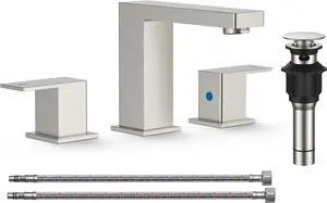 Brushed Nil Bathroom Vanity Faucet 3 Hole, 8 Inch Widespread Square Bathroom Sink Faucet with Metal Pop-Up Drain and cUPC Supply Lines Included for Restroom, Lavatory, Basin Sink