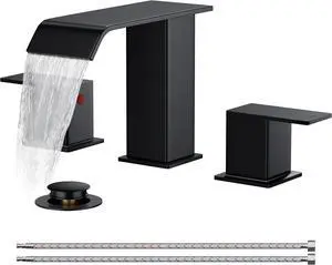 Bathroom Faucets 3 Hole,Matte ack 8 Inch Widespread Bathroom Sink Faucet Waterfall Spout, with Pop Up Drain and Water Supply, Suitae for Vanity Rv Commercial Lavatory Restroom