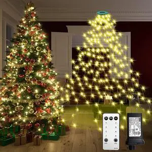 Chrias Tree Lights with Ring,9.9Ft 16 Line 544 LED Green Wire Fairy Waterfall String Light Plug in,Dimmae Cascading Twinkle Lights with 8 Lighting Modes for Indoor Outdoor Xmas Tree(Warm White)