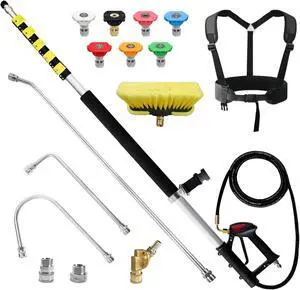 25 FT Pressure Washer Telescoping Wand with Power Washer tension Wands, Brush Head, Gutter Cleaner, 7 Spray Nozzle Tips, 2 Hose Adapters and Support Belt