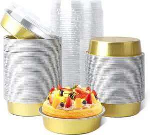 Mini Pie Tins with Lids, 120 Pack 4 Inch 8oz Disposable Creme Brulee Ramekins Golden Mini Small Aluminum Foil Pie Tart Cake Baking Pans Individual Round Containers Oven Safe for Baking