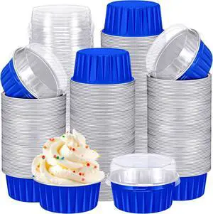400 Pcs Aluminum Foil Baking Cups with Lids 5 oz Disposable Ramekins Mini Cake Pans Creme Brulee Cupcake Liners Muffin Tins Flan Mold Dessert Container for Wedding(Dark Blue,Classic)
