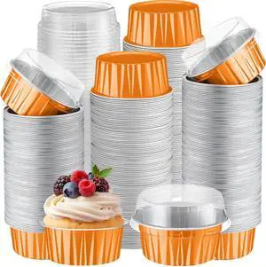 400 Pcs Aluminum Foil Baking Cups with Lids 5 oz Disposable Ramekins Mini Cake Pans Creme Brulee Cupcake Liners Muffin Tins Flan Mold Dessert Container for Wedding(Orange,Classic)