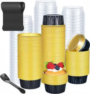 600 Pcs Aluminum Foil Baking Cups with Lids and Spoons 5oz Disposable Ramekins Dessert Muffin Creme Brulee Cupcake Liners Containers for Wedding Birthday Christmas Party(Round,Black Gold)