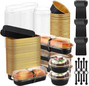 600 Pcs Mini Loaf Pans with Lids and Spoons Sealing Stickers 6.8oz Disposable Aluminum Foil Muffin Baking Pans 5oz Cupcake Cups Cake Containers for Mothers Day Holidays Party Picnics(Black)