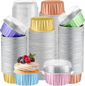 400 Pcs Aluminum Foil Baking Cups with Lids 5 oz Disposable Ramekins Mini Cake Pans Creme Brulee Cupcake Liners Muffin Tins Flan Mold Dessert Container for Wedding (Light Color,Classic)