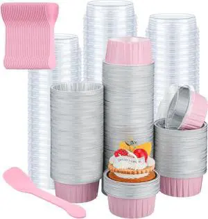600 Pcs Aluminum Foil Baking Cups with Lids and Spoons 5oz Disposable Ramekins Dessert Muffin Creme Brulee Cupcake Liners Containers for Wedding Birthday Christmas Party(Round,Pink)