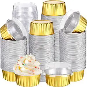 400 Pcs Aluminum Foil Baking Cups with Lids 5 oz Disposable Ramekins Mini Cake Pans Creme Brulee Cupcake Liners Muffin Tins Flan Mold Dessert Container for Wedding(Gold,Classic)