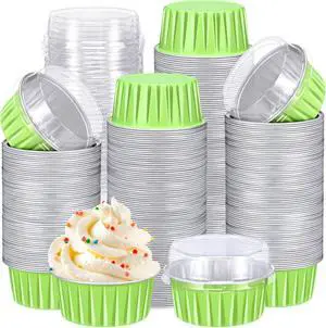 400 Pcs Aluminum Foil Baking Cups with Lids 5 oz Disposable Ramekins Mini Cake Pans Creme Brulee Cupcake Liners Muffin Tins Flan Mold Dessert Container for Wedding(Green,Classic)