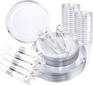 LIYH 210 Pcs Rolled Plastic Silverware Dinnerware Sets - Clear Disposable Heavyduty Plastic Disposable Plates for Wedding Party Silver Rimmed Cups 30 Guests