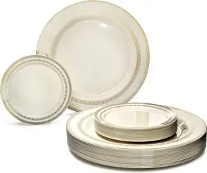 " OCCASIONS " 240 Plates Pack, Heavyweight Premium Disposable Plastic Plates Set 120 x 10.5'' Dinner + 120 x 6.25'' Dessert/Cake Plates (Lace Ivory & Gold)