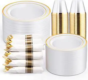 350-Piece Gold Disposable Plates and Cutlery Set - Premium 10.25" Dinner Plates, 7.5" Dessert Plates, 9oz Cups & Cutlery for Weddings, Catering Events - 50 Guest Service - Elegant & Sturdy