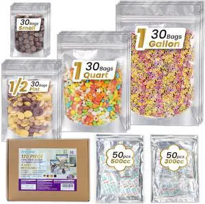 120pcs Mylar Bags for Food Storage with Oxygen Absorbers 300cc 500cc (50 Packs Each), Resealable Pouches 4 Sizes Mix Bundle 30 Each (10x14, 7x10, 5x7, 4x6 Inches), Stand Up with Clear Window