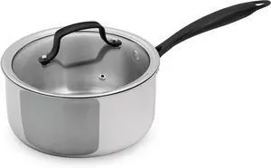 Full-Clad Tri-Ply Stainless Steel Sauce pan Induction Cookware  3 QT Stainless Steel Pot, Marquina Black Metal Handles Kitchen Cooking Pot with Lid, Dishwasher Safe Pots and Pans