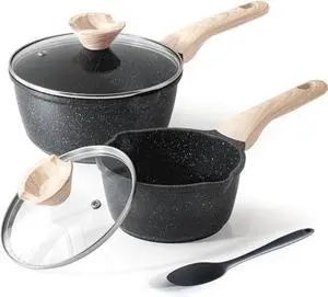 Sauce Pan Set with Lid, 1.5Qt & 2.5 Qt Nonstick Cooking Pots with Pour Spout, Easy to Clean, Small Kitchen Induction Saucepan with Granite Coating, PFOA/PFOS Free (Black)