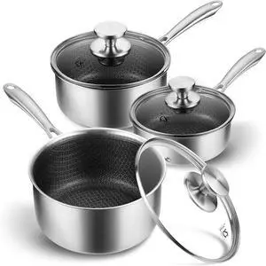 Hybrid Nonstick Stainless Steel Saucepan Set, 6-Piece Triply Stainless Steel Saucepan Set with Hybrid Honeycomb Interior, 1QT & 2QT & 3QT Sauce Pans, Induction Ready, Steel Pot Set