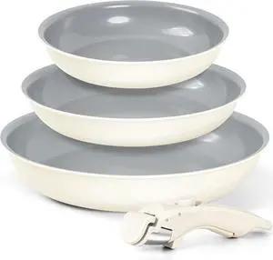 Ceramic Frying Pan Set, 8" 9.5" and 11" Fry Pans with Removable Handle, Nonstick Skillet Sets with Non Toxic Coating, PFOS & PFOA Free, Induction Compatible, Beige