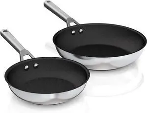 RV pan Stainless Steel Non Stick Fry Pan Set,8 & 10 Inch,Gas Electric Induction Compatible,PFOA Free,Dishwasher Safe,Oven Safe up to 500°F,2-Piece Cookware,Even Heat Distribution & Stay Cool Handles.