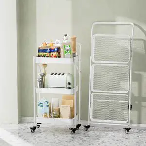 Foldable Rolling Cart, 3-Tier Metal Small Folding Storage Utility Carts Basket Rack Organizer with Handle on Wheels for Snacks Books Fruits for Kitchen Laundry Room Bathroom - (White, 3-Layer)