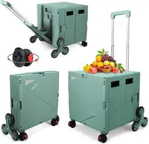 Folding Climber Utility Cart Rolling Crate Tote on Rotate Wheels with Adjustable Handle Hidden Lid Cup Holder Storage Toolbox for Teacher Office Move Shop Travel Laundry Grocery(Dark Green)