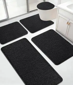 5 Piece Bathroom Rug Set, Memory Foam Black Bath Mats, Non-Slip, Quick Dry, Absorbent, Machine Washable, U-Shaped Toilet Rug, Modern Style