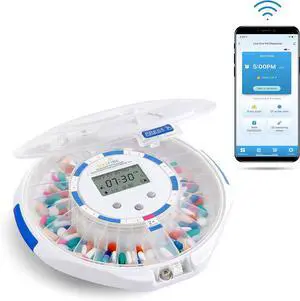Smart WiFi Automatic Pill Dispenser Clear Lid | 28-Day Medication Organizer Up to 9 Doses Per Day for Care Monitoring with Lock Key, Light/Sound Alarms for Prescriptions & Vitamins