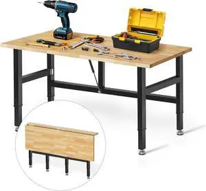 48 Folding Workbench, 2000 LBS Capacity Heavy Duty Workbench, Height Adjustable Foldable Work Table, Rubberwood Collapsible Desk for Workshop, Garage, Office, Home