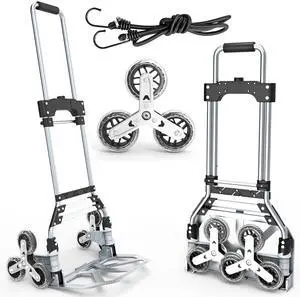 Stair Climbing Cart, 220 LBS Aluminum Stair Climber Dolly, Heavy Duty Folding Hand Truck Dolly with 6 Wheels, Telescoping Handle and Elastic Rope for Home, Moving, Groceries, Warehouse