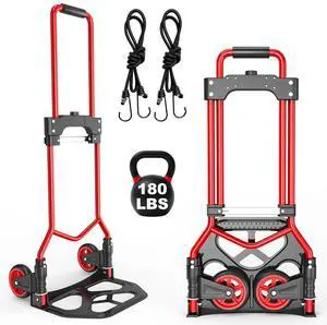 Folding Hand Truck Dolly Cart, 180LBS Portable Aluminum Hand Truck Foldable with Telescoping Handle and Elastic Cord for Luggage, Boxes, Functionality Foldable Dolly for Home, Moving, Black Red