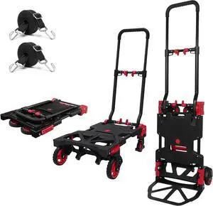 Folding Hand Truck 330lbs Capacity Heavy Duty Dolly Cart with 2 Elastic Bungee Rope,4 Rubber Wheels,Retractable Handle,Convertible Portable Cart Luggage,Travel,Moving,Shopping,Office Use.