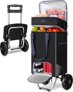 2 in 1 Shopping Carts for Groceries, 55L/150LBS Extra Large Grocery Bag on Wheels with Insulated Compartment & Waterproof Liner, Foldable Granny Cart Portable Shopping Trolley Bag with Wheels, Black
