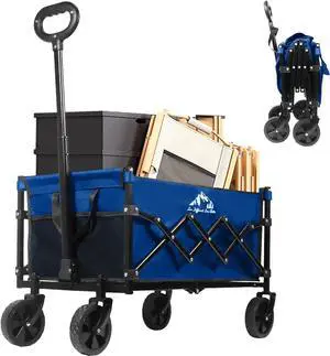 Collapsible Wagon Folding Utility Cart, Beach Wagon 352LBS Heavy-Duty with Adjustable Handles, 5" Quiet Swivel Wheels, Lightweight (11lbs) for Groceries, Camping, Moving, Blue